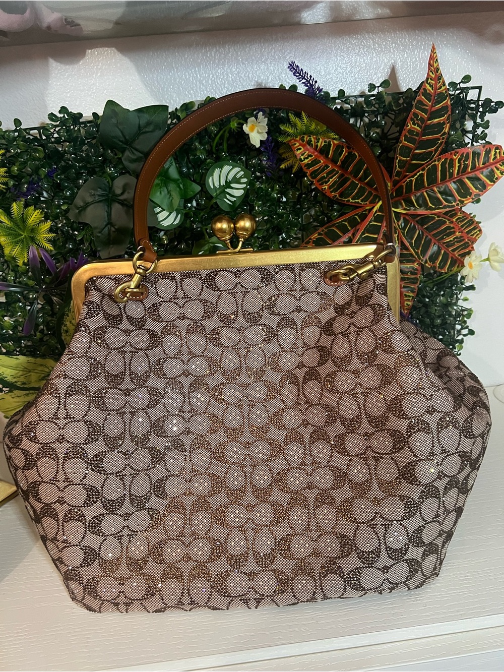Coach Brown Signature Canvas rhinestone KISSLOCK